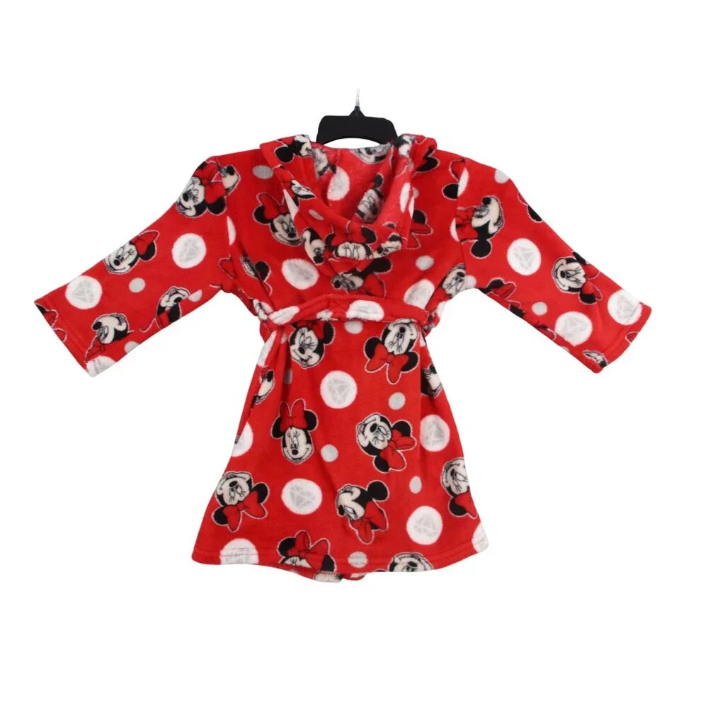 Disney Minnie Mouse Girls Red Hooded Fleece Robe XS(4) Polka Dot Print Flame Res